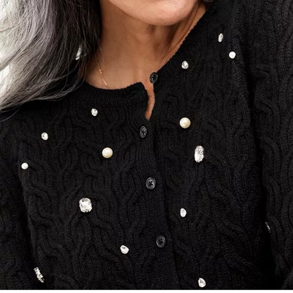 Charter Club 100% Cashmere Embellished Cable-Knit Cardigan in Black Size XL - Picture 4 of 7